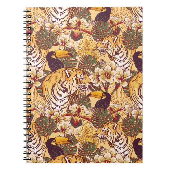 Caderno Espiral Padrão Floral Tropical Com Tigre (Frente)