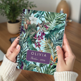 Caderno Espiral Padrão Floral Tropical de Folhas Verdes Aqua Elega