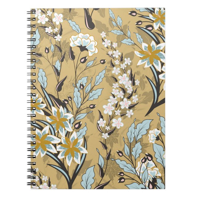 Caderno Espiral Padrão floral uniforme em vinheta num fundo preto (Frente)