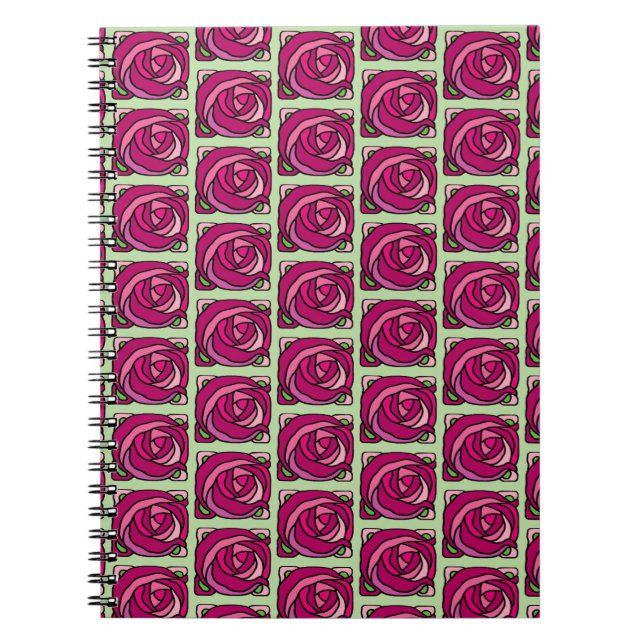Caderno Espiral Padrão floral verde e cor-de-rosa Rosas (Frente)