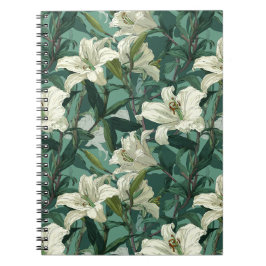 Caderno Espiral Padrão Floral Verde Lírio Branco Clássico