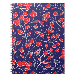 Caderno Espiral Padrão Floral Vermelho e Azul