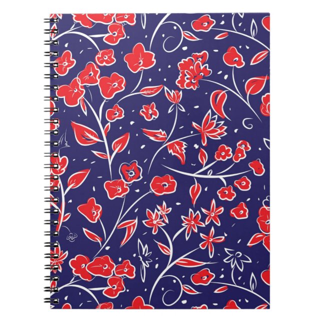 Caderno Espiral Padrão Floral Vermelho e Azul (Frente)