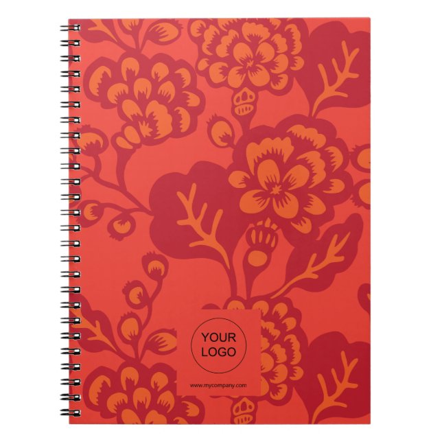 Caderno Espiral Padrão Floral Vermelho e Laranja Vibrante e Negrit (Frente)