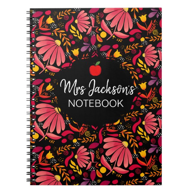 Caderno Espiral padrão floral vermelho e preto do professor (Frente)