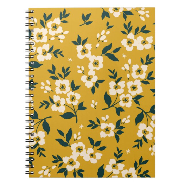 Caderno Espiral Padrão floral vítreo, pequenas flores brancas. (Frente)