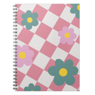 Caderno Espiral Padrão Floral Xadrez Rosa – Flor Fofa Retrô