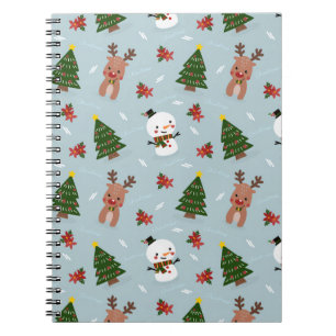 Caderno Espiral Padrão Fofo de Natal   Boneco de Neve, Rena & Árvo