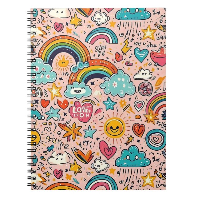Caderno Espiral Padrão Fofo de Rabiscos de Arco-íris (Frente)