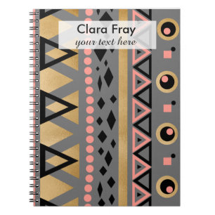 Caderno Espiral padrão geométrico da folha de ouro aztec tribal mo