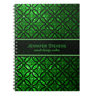 Caderno Espiral Padrão Geométrico de Brilho Verde Moderno e Preto