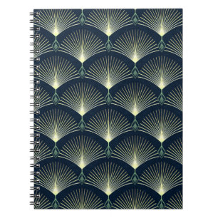 Caderno Espiral Padrão Geométrico do Deco de Arte Azul Escuro