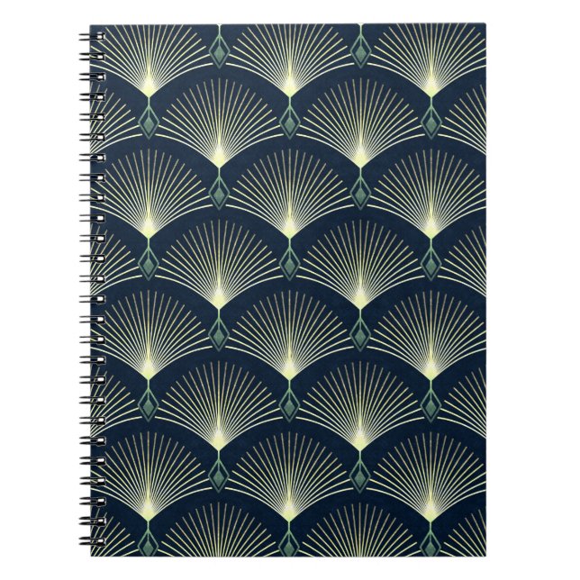 Caderno Espiral Padrão Geométrico do Deco de Arte Azul Escuro (Frente)