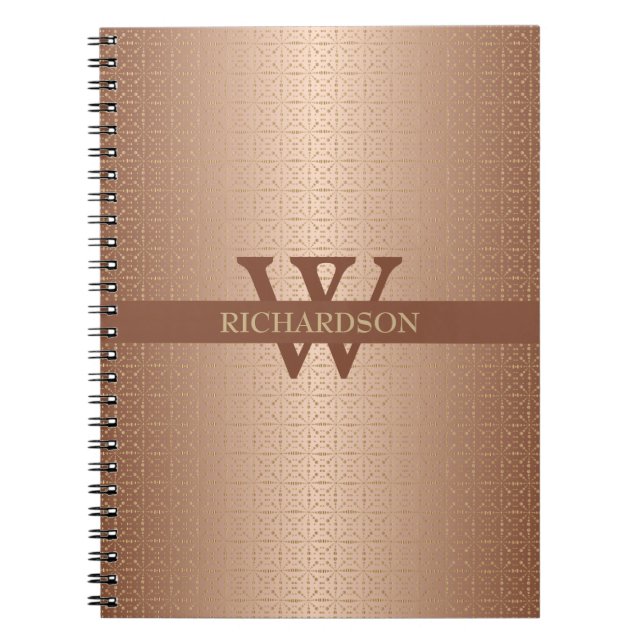 Caderno Espiral Padrão geométrico Dourado com Rosa monograma (Frente)