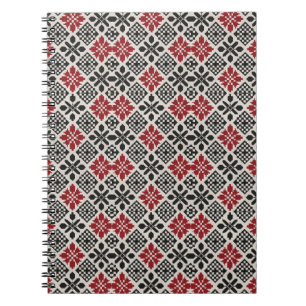 Caderno Espiral Padrão Geométrico Folk Preto Vermelho