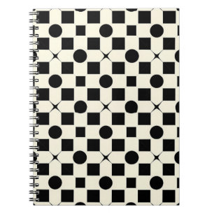 Caderno Espiral Padrão Geométrico Preto e Branco com Círculos