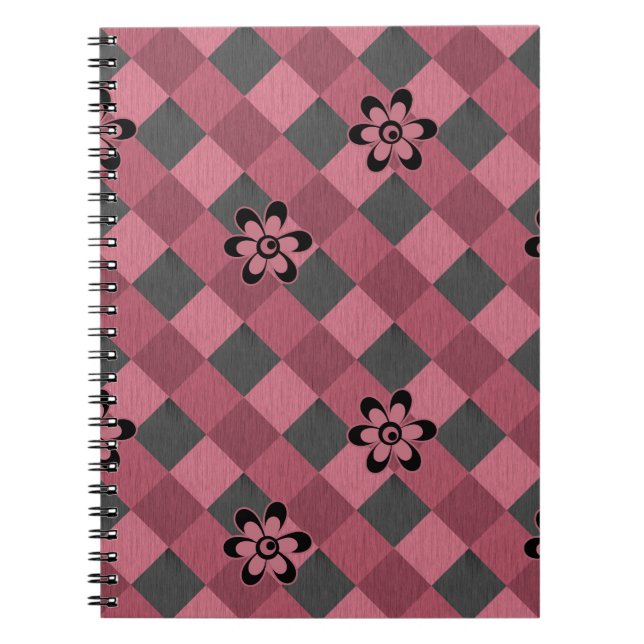 Caderno Espiral Padrão geométrico rosa-cinza com flores (Frente)