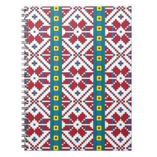 Caderno Espiral Padrão geométrico tribal vermelho, azul e estrel