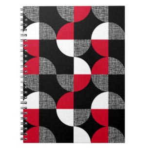 Caderno Espiral Padrão geométrico xadrez preto, vermelho e branco.