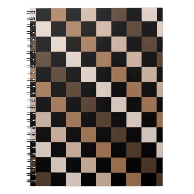 Caderno Espiral Padrão Gingham Preto-Castanho Verificado (Frente)