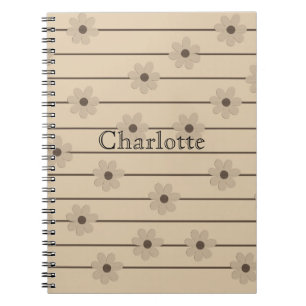 Caderno Espiral Padrão Horizontal Stripe Castanho Khaki Flor Y2K