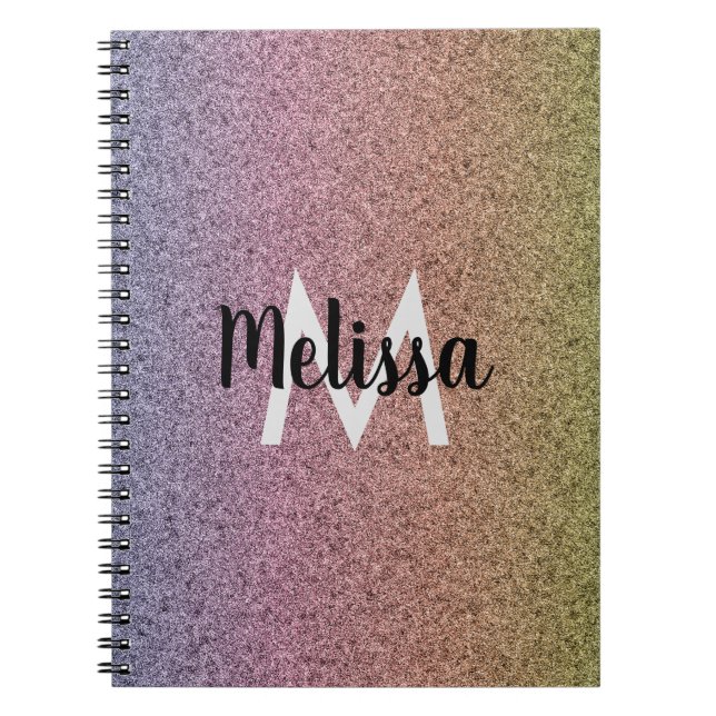 Caderno Espiral Padrão inicial do Rainbow Faux Glitter (Frente)