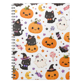Caderno Espiral Padrão Kawaii de Halloween com Abóboras Fofas