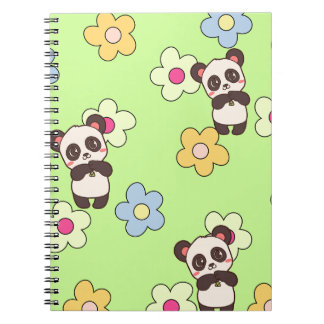 Caderno Espiral Padrão Kawaii de Panda Fofo & Flor