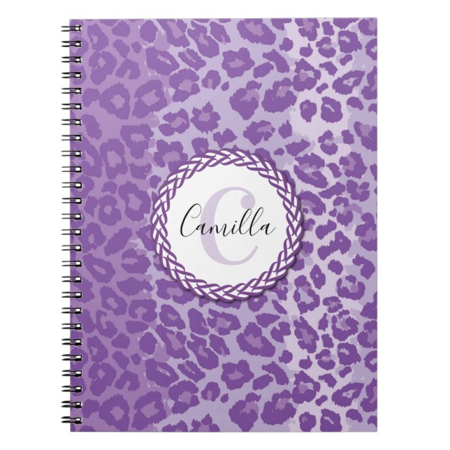 Caderno Espiral Padrão Leopardo Roxo com Monograma e Nome Personal (Frente)