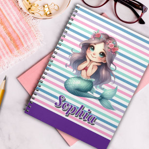 Caderno Espiral Padrão listrado de sereia personalizado 