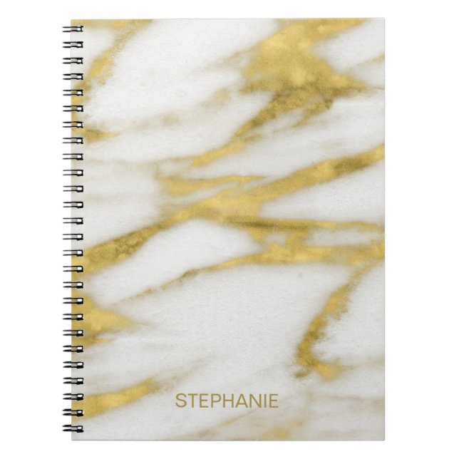 Caderno Espiral Padrão Marble Elegante Dourado e Branco com Nome (Frente)