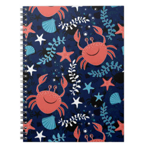 Caderno Espiral Padrão marinho fofo com caranguejos.