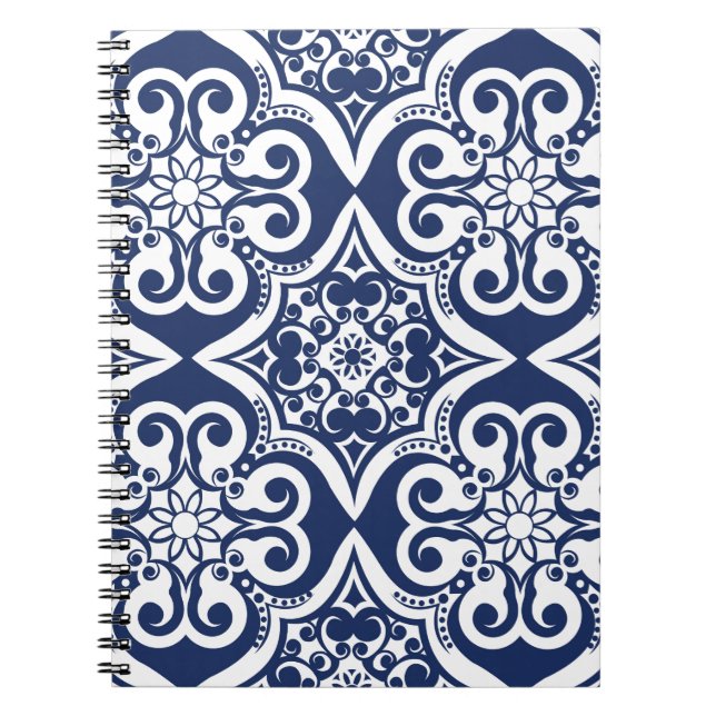 Caderno Espiral Padrão marroquino azul e branco (Frente)