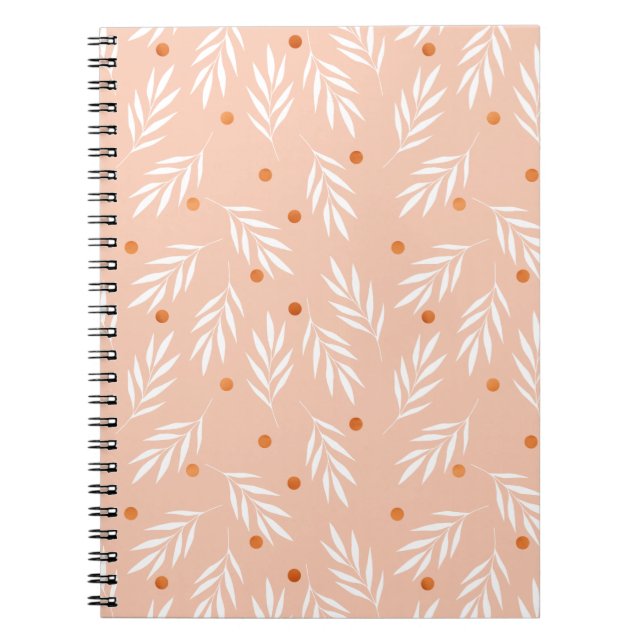 Caderno Espiral Padrão Moderno de Folhas Florais Apricot Rosa (Frente)