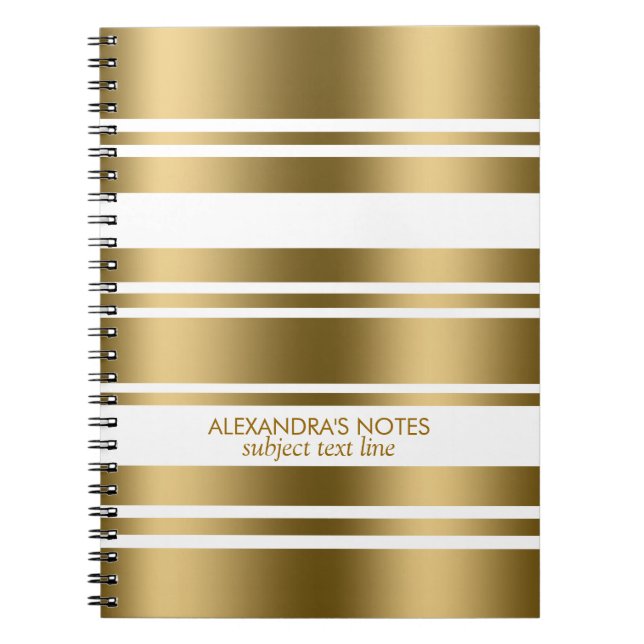 Caderno Espiral Padrão Moderno Dourado E Branco De Stripes (Frente)
