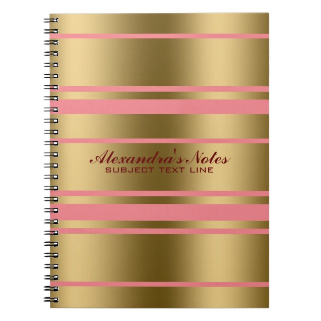 Caderno Espiral Padrão Moderno Dourado E Rosa De Stripes (Frente)