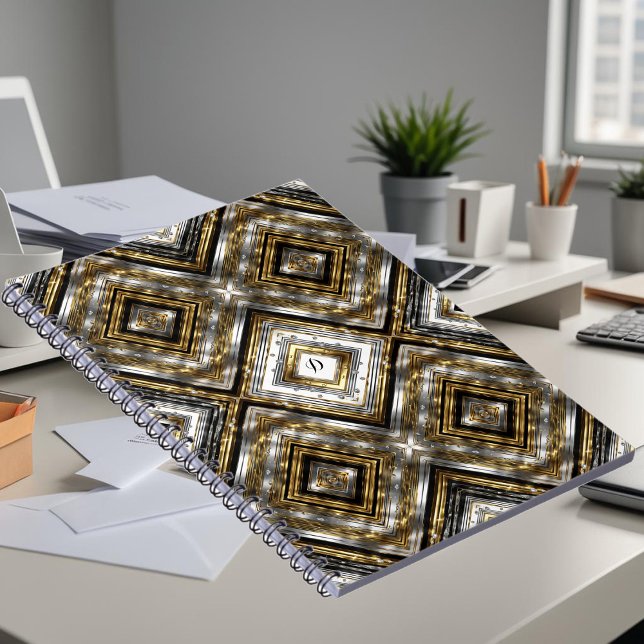 Caderno Espiral Padrão moderno em prata, ouro e preto, monograma (Criador carregado)