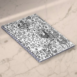 Caderno Espiral Padrão Moderno Simples de Pássaros em Preto e Bran