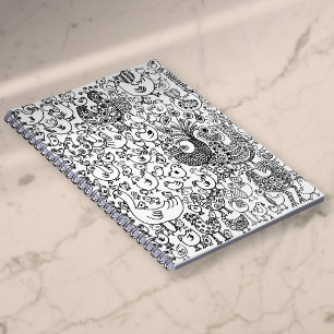 Caderno Espiral Padrão Moderno Simples de Pássaros em Preto e Bran