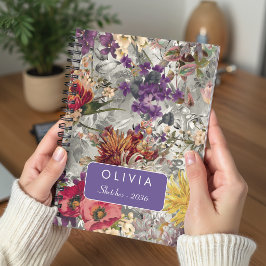 Caderno Espiral Padrão Monogramado Floral Roxo Elegante