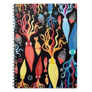 Caderno Espiral Padrão multicolorido de lulas e peixes diferentes 