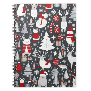 Caderno Espiral Padrão natalino papais noeis de neve cinza decadên