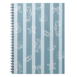 Caderno Espiral Padrão Náutico Costeiro | Concha de Mar Azul & Cav