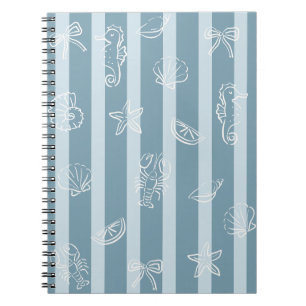 Caderno Espiral Padrão Náutico Costeiro Concha de Mar Azul & Cav