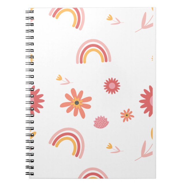 Caderno Espiral Padrão Pastel Floral & Arco-íris Fofo (Frente)