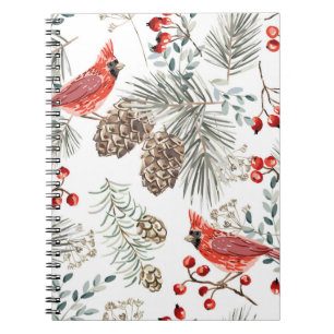 Caderno Espiral Padrão perfeito de Natal, aves cardeais, vermelho
