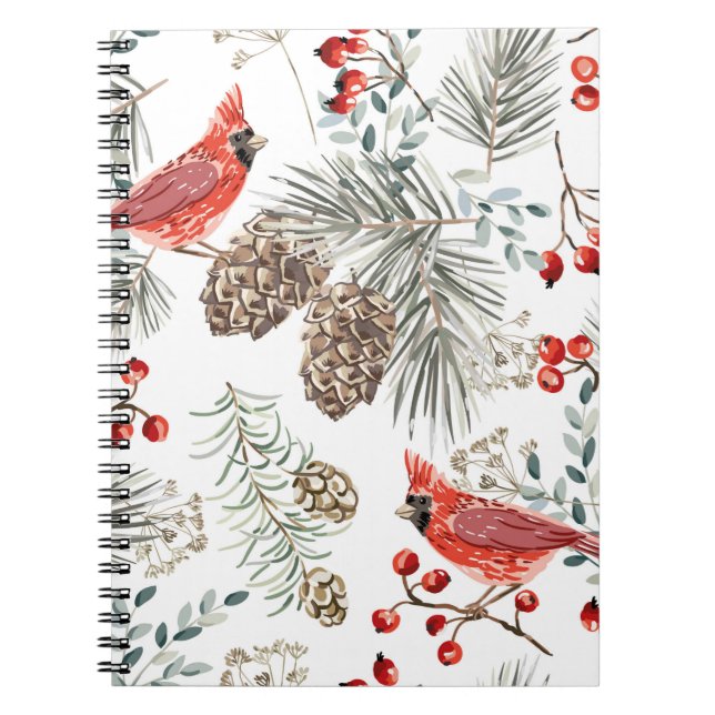 Caderno Espiral Padrão perfeito de Natal, aves cardeais, vermelho (Frente)