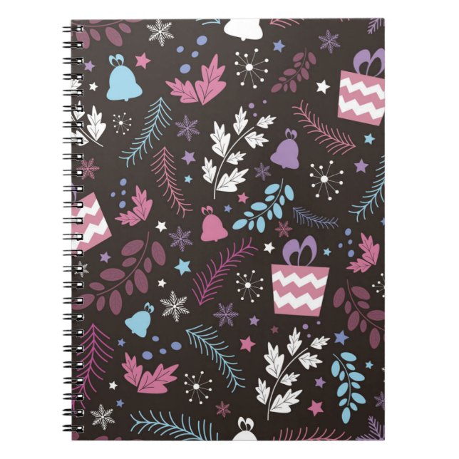 Caderno Espiral Padrão perfeito de Natal com árvore, neve, present (Frente)