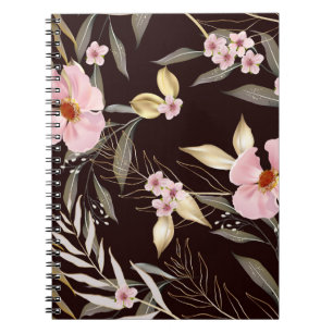 Caderno Espiral Padrão perfeito de vindima com folhas de ouro. Exó
