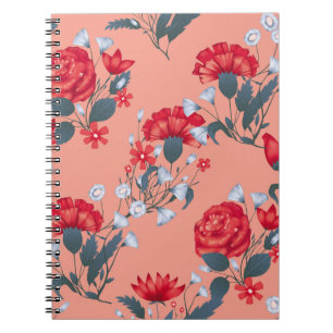 Caderno Espiral Padrão perfeito vintage design floral com rosas.